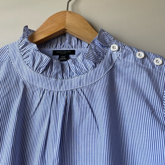 Ann Taylor Striped Ruffle Neck, button Shoulder Shirt - Picture 6 of 11